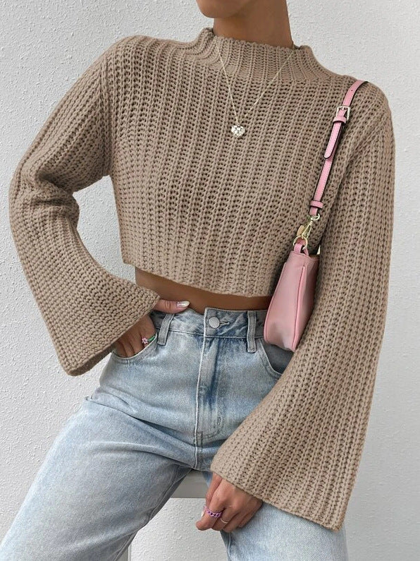 Casual Trumpet Sleeves Short Pullover Sweaters-Sweater&Hoodies-Apricot-S-Free Shipping Leatheretro