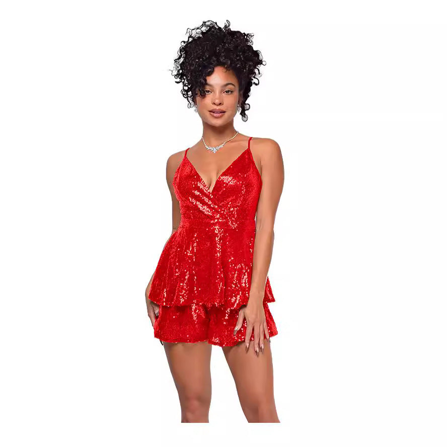 Sexy Sleeveless Sequined Summer Short Jumpsuits-Suits-Rose Red-S-Free Shipping Leatheretro