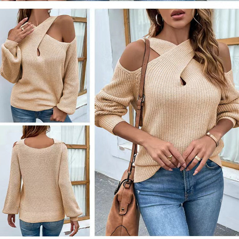 Casual Crossed Halter Knitted Sweaters-Sweater&Hoodies-Khaki-One Size-Free Shipping Leatheretro