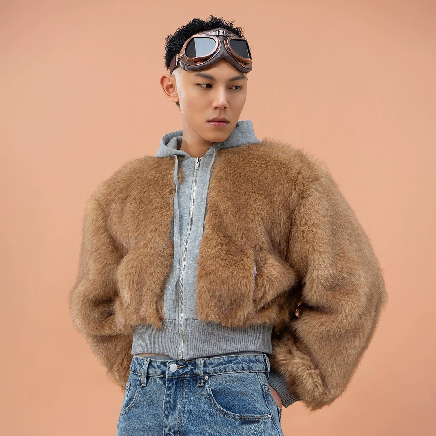 CLP Unisex Cropped Faux Fur Hoodie - Taupe Brown Zip-Up Coat-Brown-S-Free Shipping Leatheretro