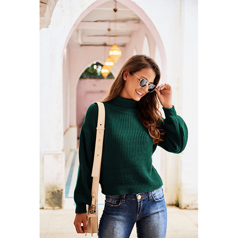 Casual High Neck Knitted Long Sleeves Sweaters-Sweater&Hoodies-Green-S-Free Shipping Leatheretro