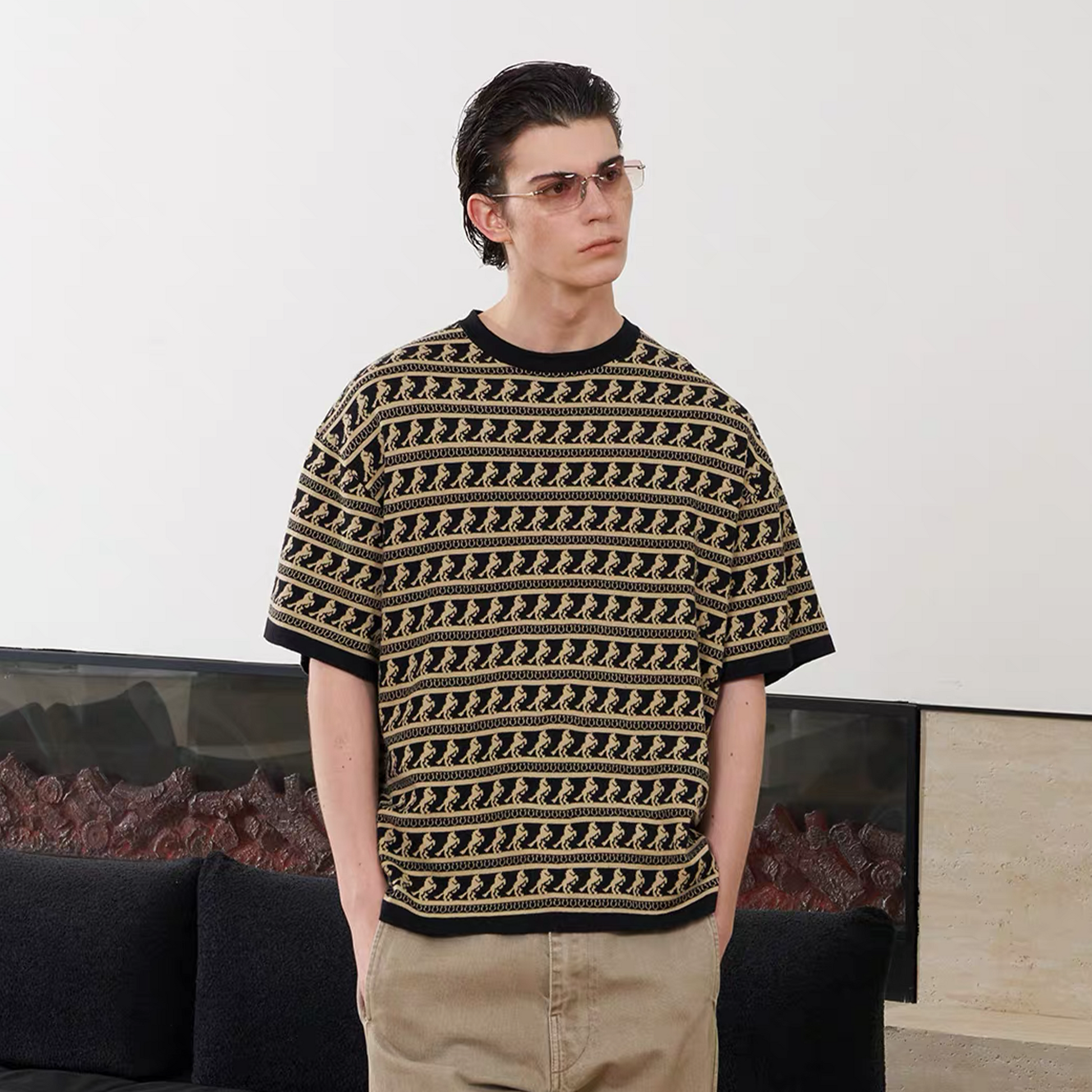 PMW Horse Jacquard Knitted T Shirt-T Shirt-S-Gold-Free Shipping Leatheretro