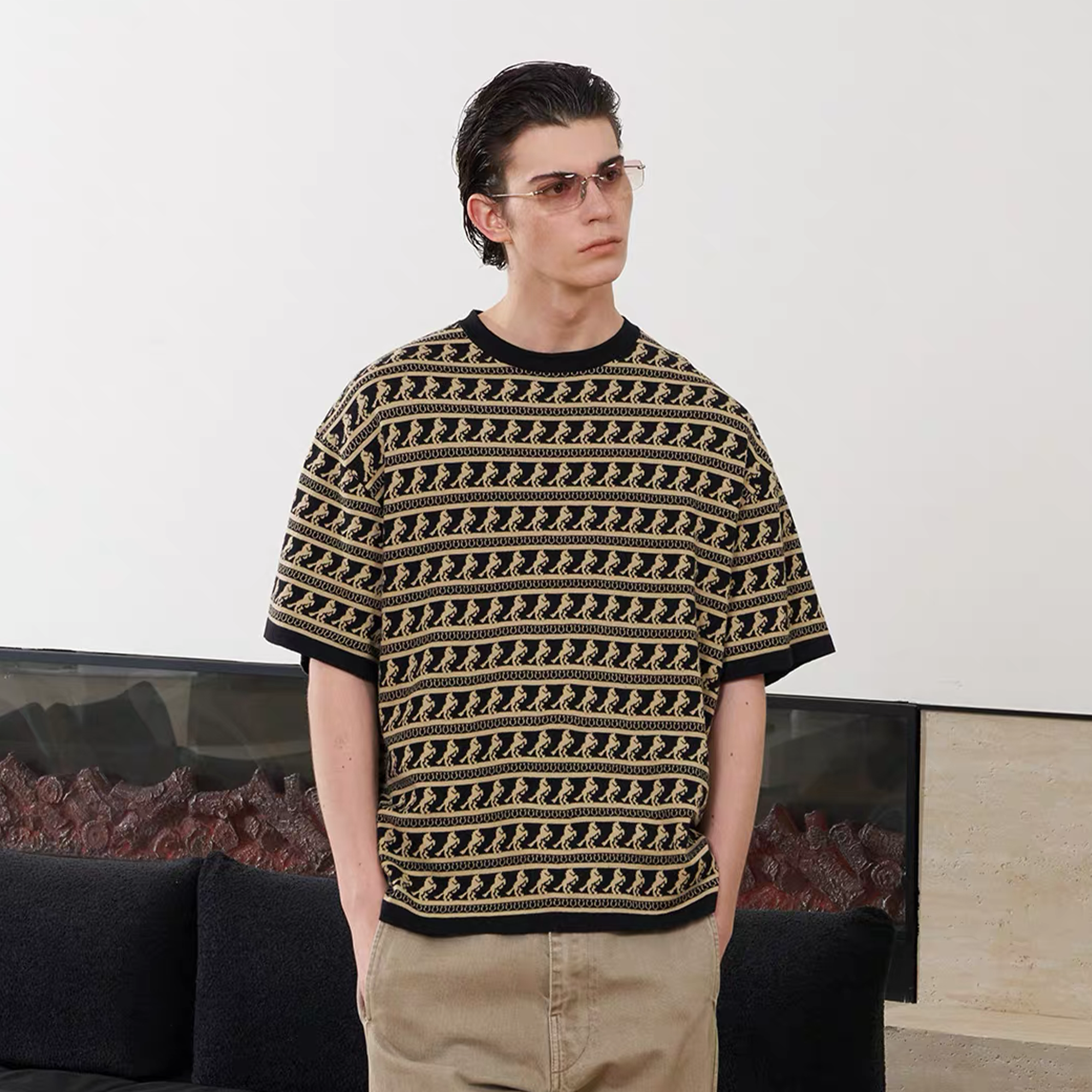 PMW Horse Jacquard Knitted T Shirt-T Shirt-S-Gold-Free Shipping Leatheretro