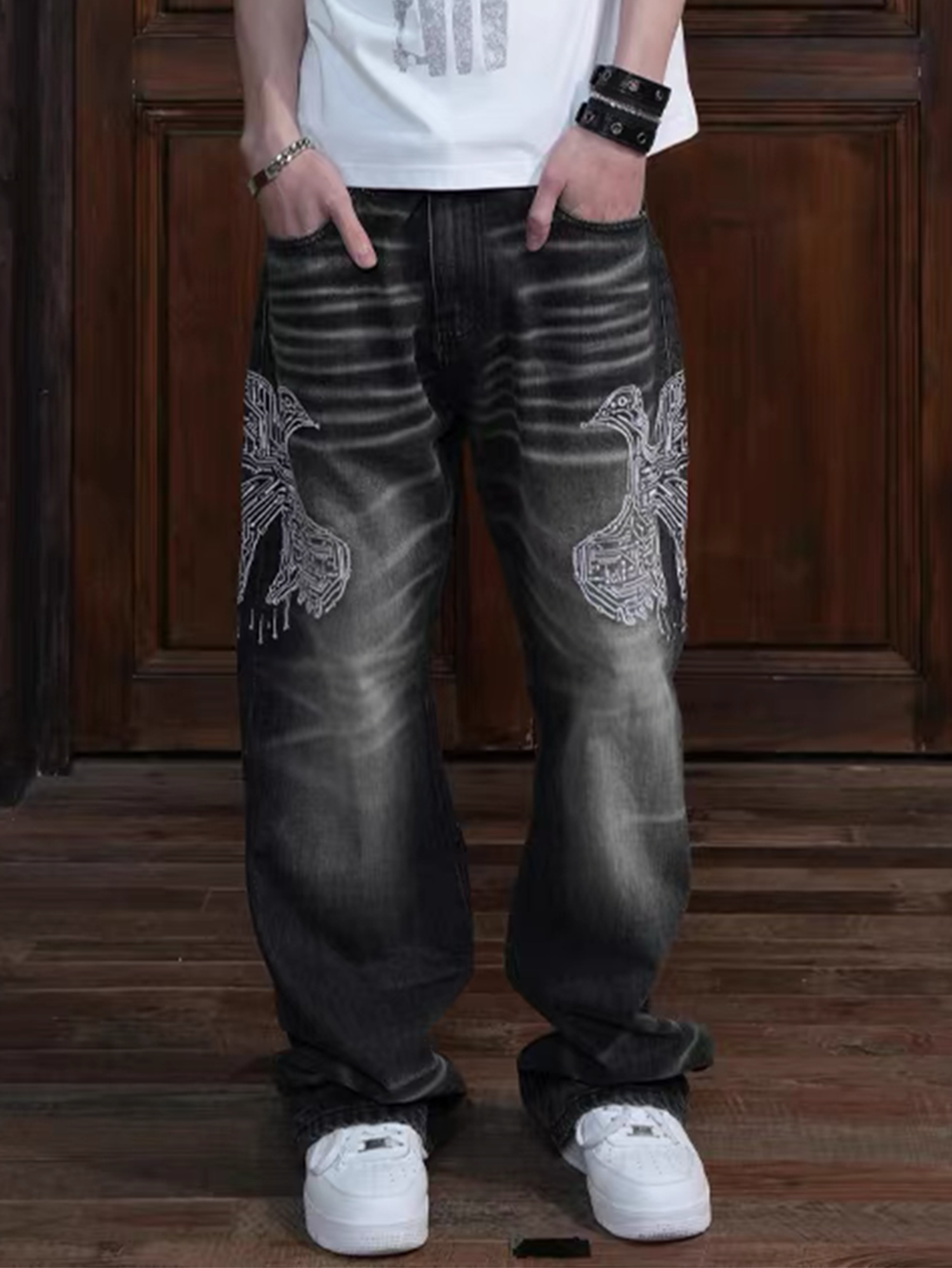 VINKID Faded Pigeon Embroidered Jeans-Jeans-S / 31"-Free Shipping Leatheretro