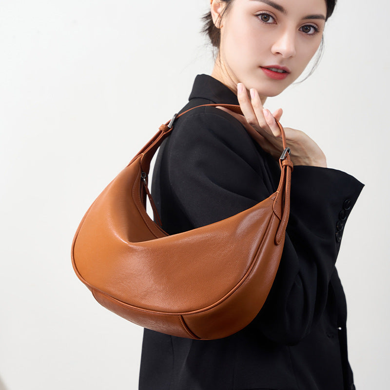 Moon Crescent Hobo Bag – Genuine Leather Large Capacity Shoulder Bag-Hobo Bags-Caramel-Free Shipping Leatheretro