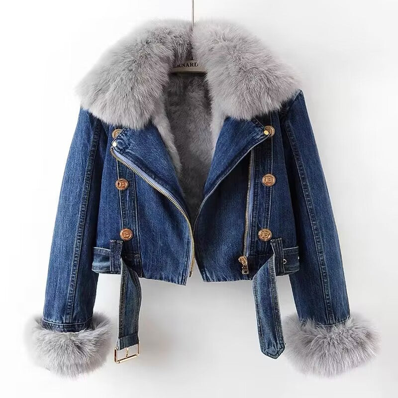 Winter Detachable Fox Fur Denim Jacket Coats for Women-Coats & Jackets-Dark Blue-S-Free Shipping Leatheretro