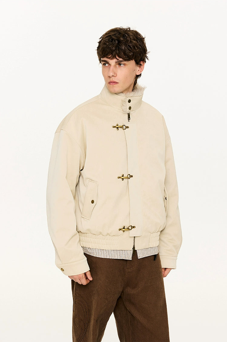 KREATE Harrington-Style PU Leather Jacket with Long Fur Collar-Ivory-S-Free Shipping Leatheretro