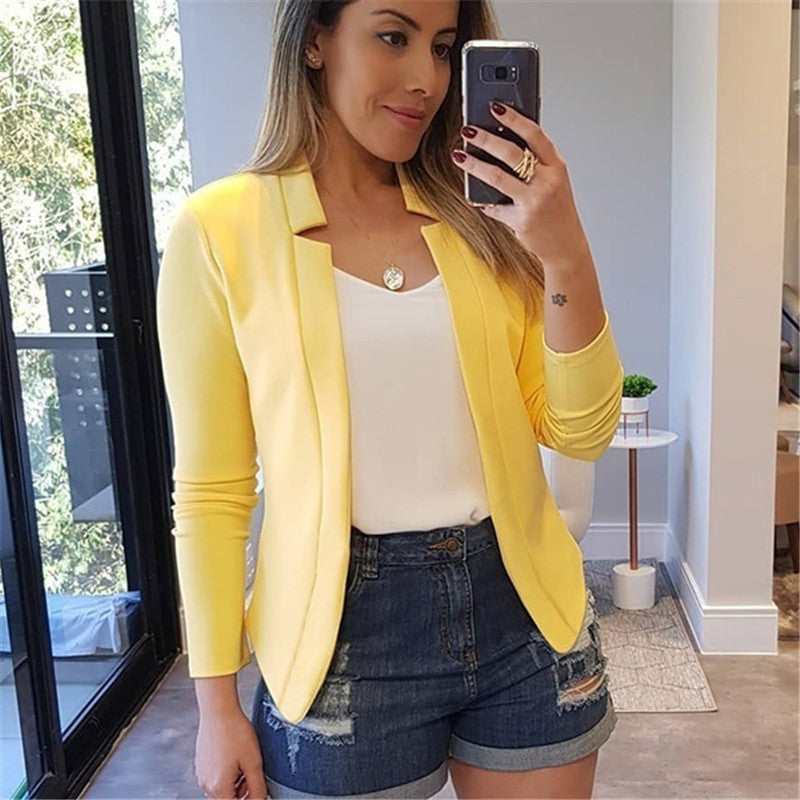 Casual Women Simple Design Blazers-Coats & Jackets-Yellow-S-Free Shipping Leatheretro