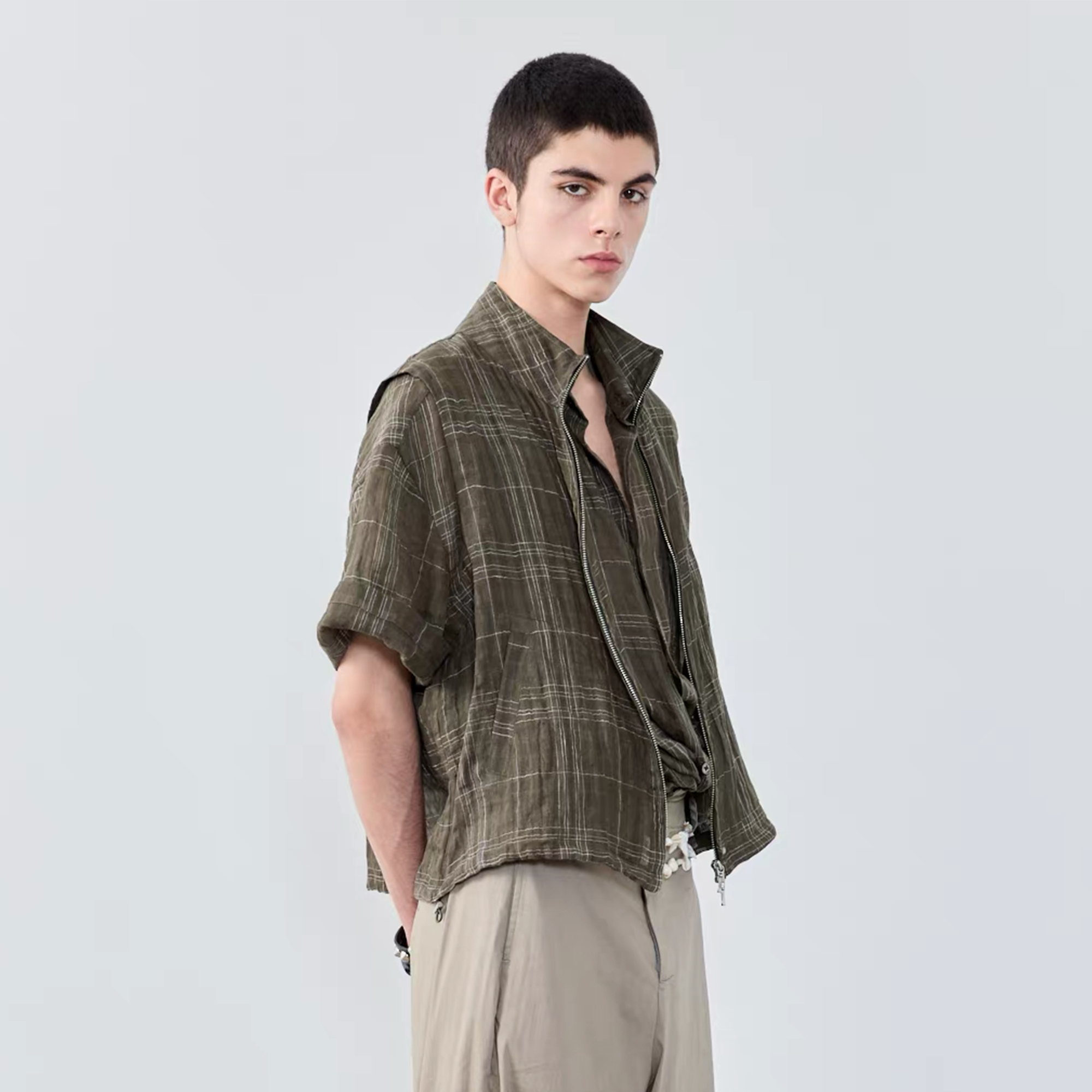 GRAINMUSTARD Linen-Cotton Plaid Vest-Vest-XS-Green-Free Shipping Leatheretro