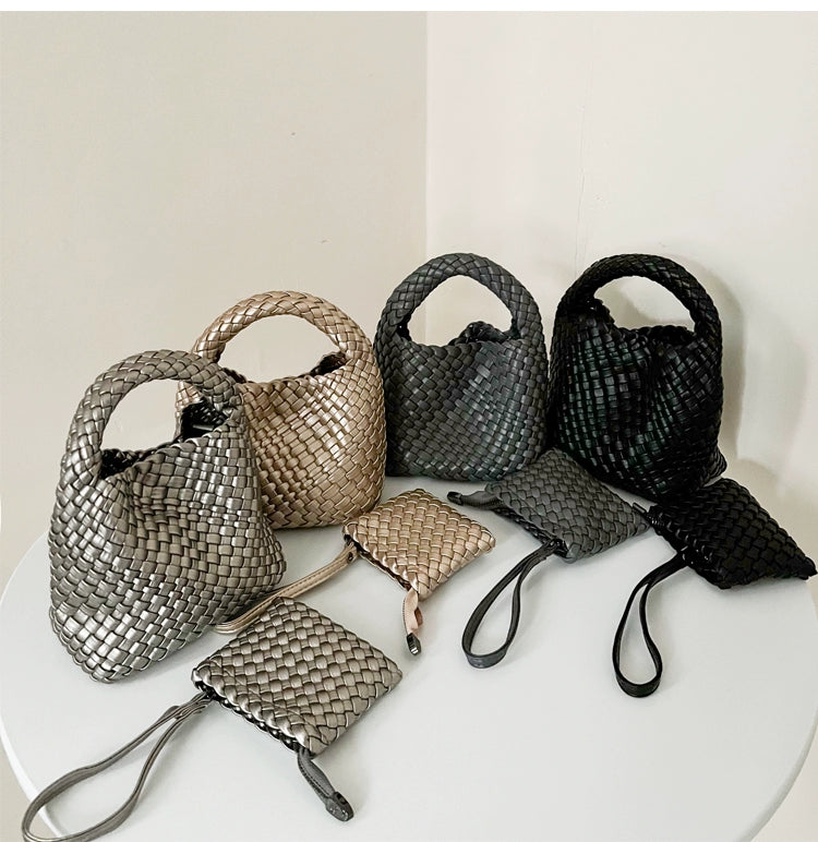 Handwoven Mini Faux Leather Handbag-黑色+编织零钱包+长链条-17cm *13cm-Free Shipping Leatheretro