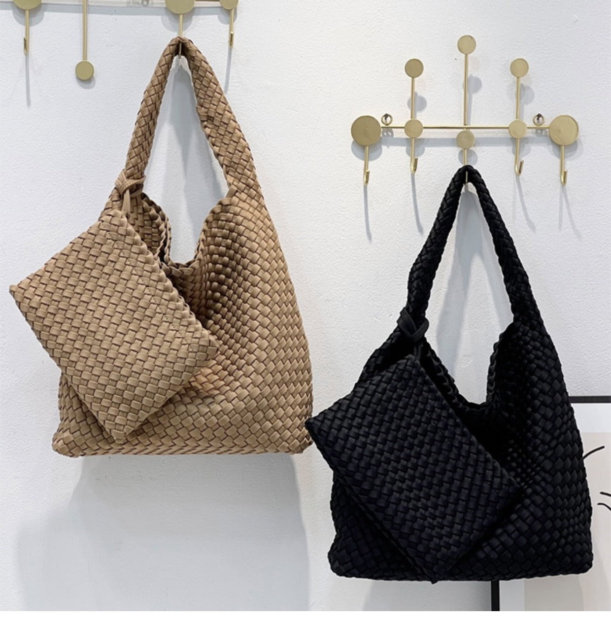 Handwoven Nylon Tote Bag for Women-Black + woven change purse-Free Shipping Leatheretro