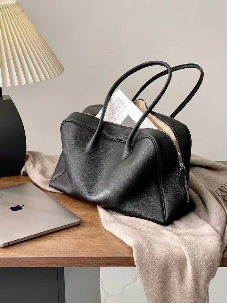 Genuine Top-Grain Togo Leather Pillow Bag-Handbags-Black-Big - 15.7*5*10.2 inches-Free Shipping Leatheretro