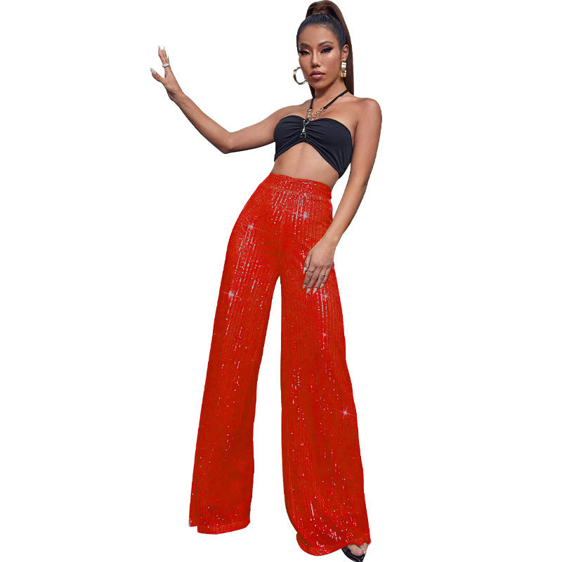 Fashion High Waist Sequin Summer Wide Legs Pants-Pants-Red-S-Free Shipping Leatheretro