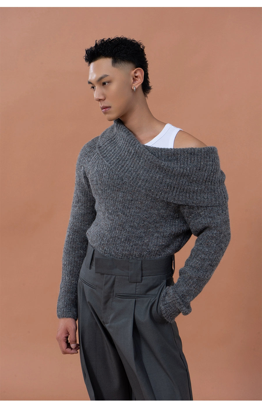 CLP Grey Off-Shoulder Wool Sweater | Relaxed Fit Ribbed Knit-Sweater-Gray-S-Free Shipping Leatheretro