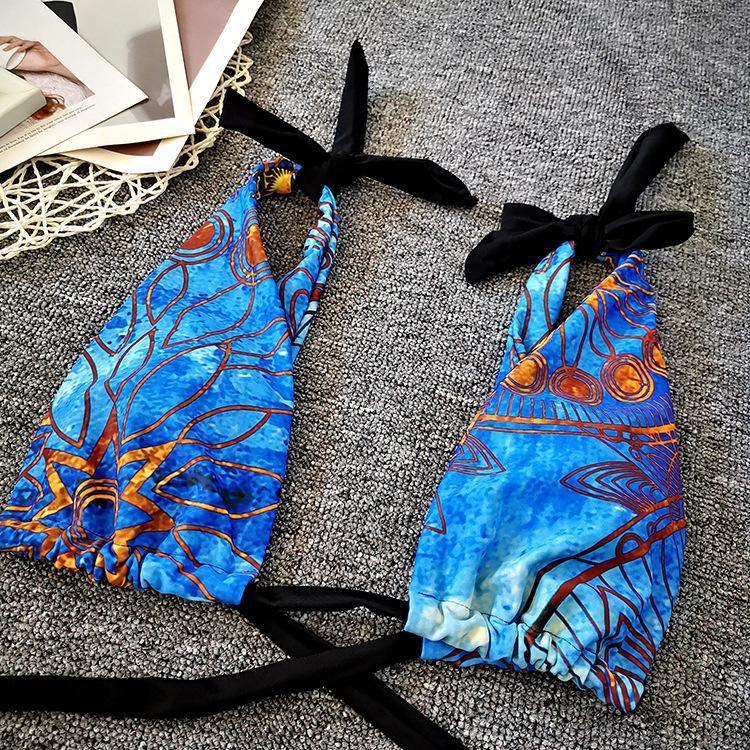 Vintage Floral Print Sexy Bikini Swimwear-Women Swimwear-Blue-S-Free Shipping Leatheretro