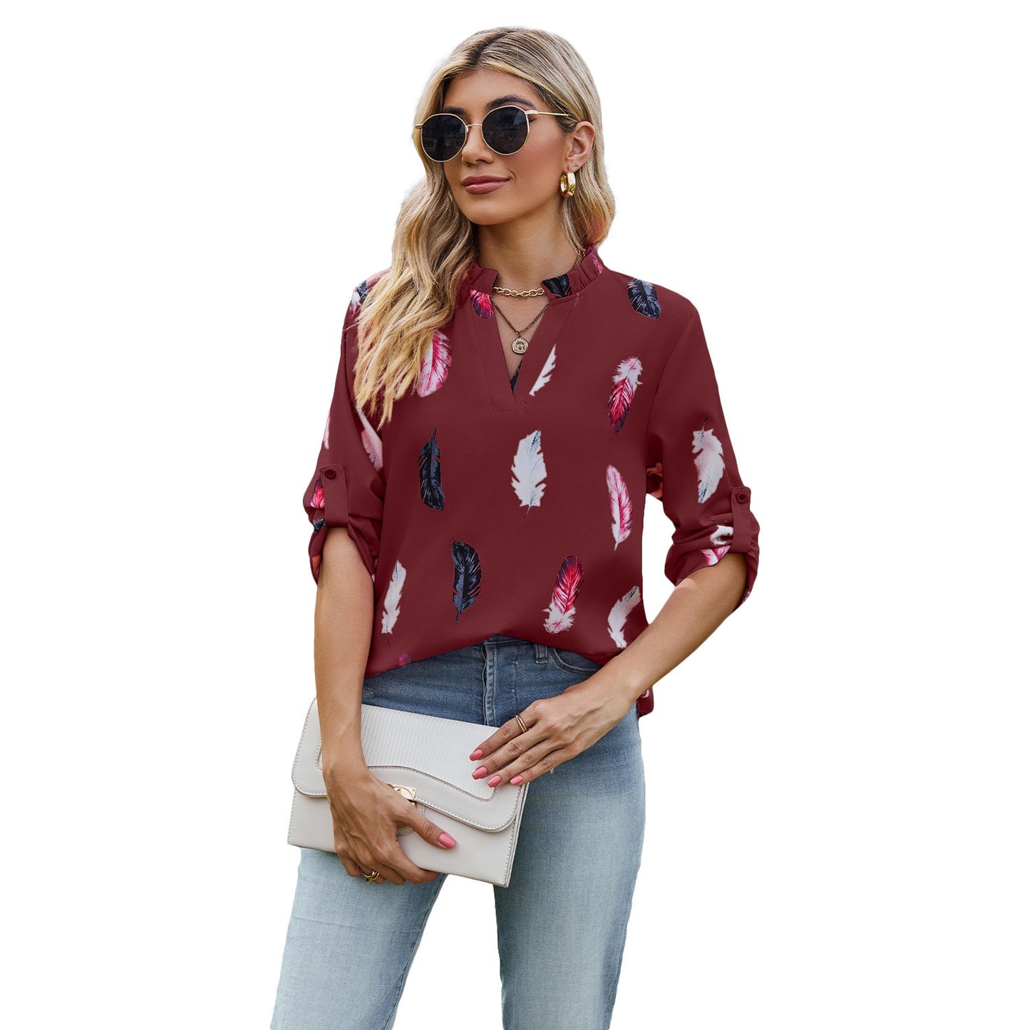 Casual Summer Feather Print 3/4 Sleeves Shirts-Shirts & Tops-Wine Red-S-Free Shipping Leatheretro