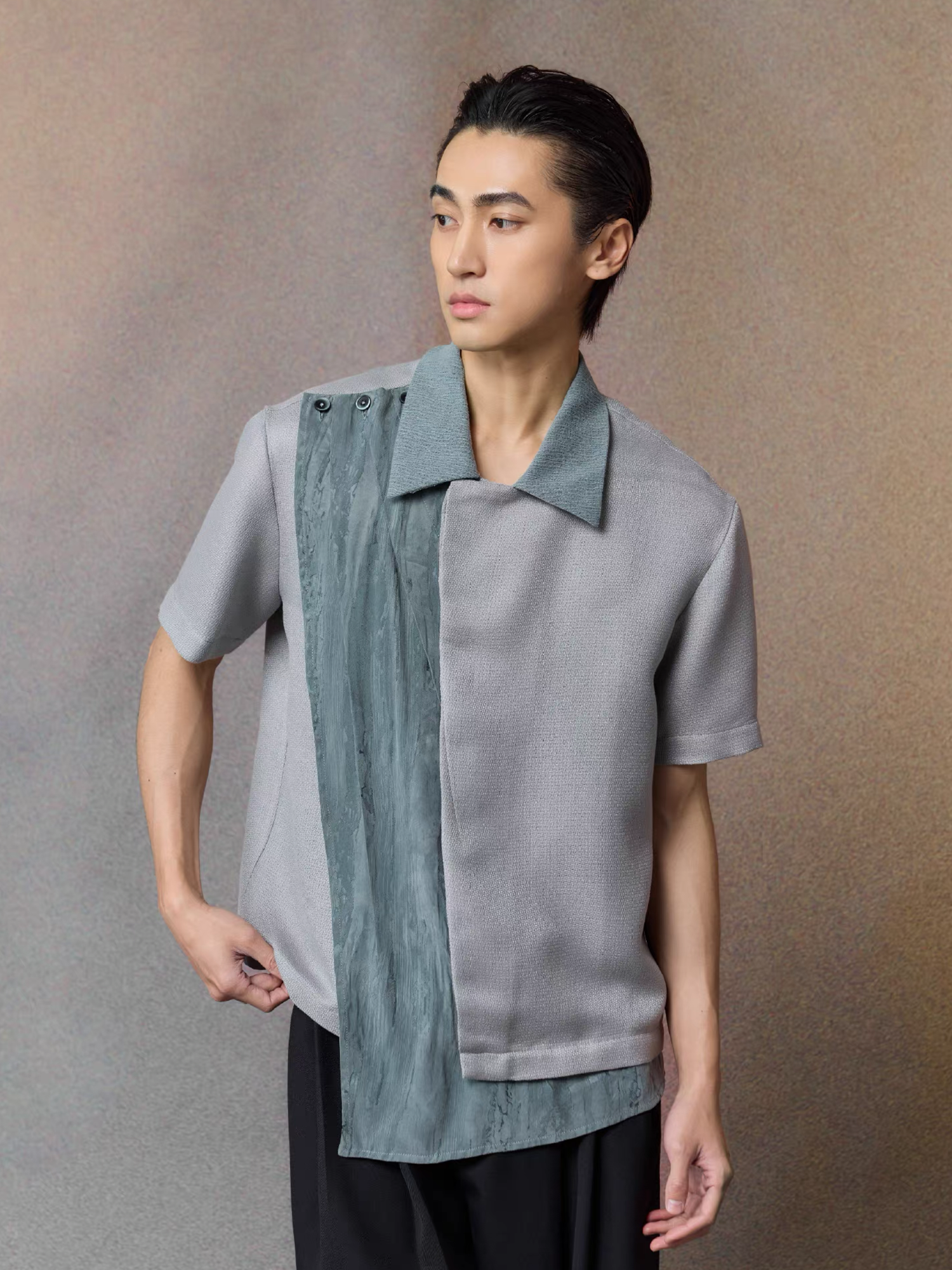 ALVNG AR ANTS Asymmetrical Contrast Spliced Linen Half Shirt-Half shirt-S-Blue-Free Shipping Leatheretro