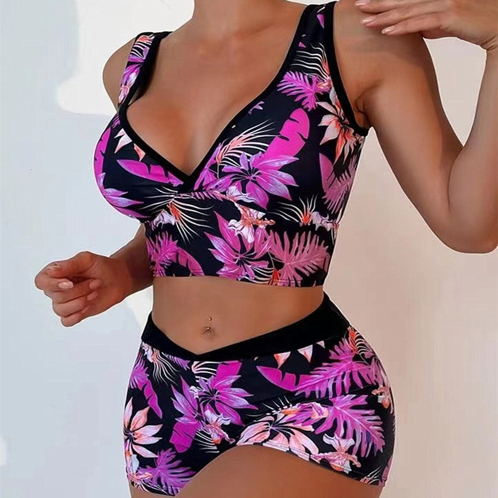 Sexy Floral Print Summer Boxer Swimsuits-Swimwear-Purple-S-Free Shipping Leatheretro