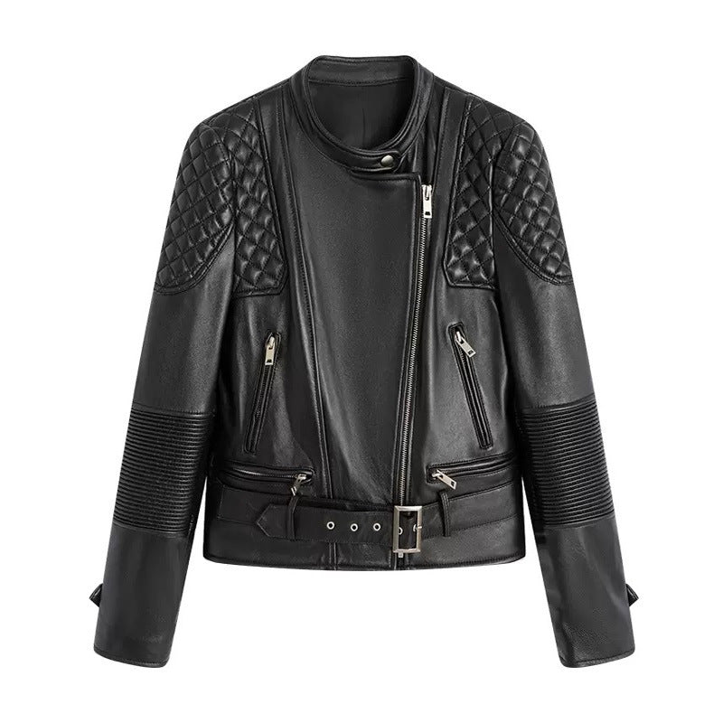 Women’s Slim-Fit Black Biker Jacket-Black without Velvet-S 40-45kg-Free Shipping Leatheretro