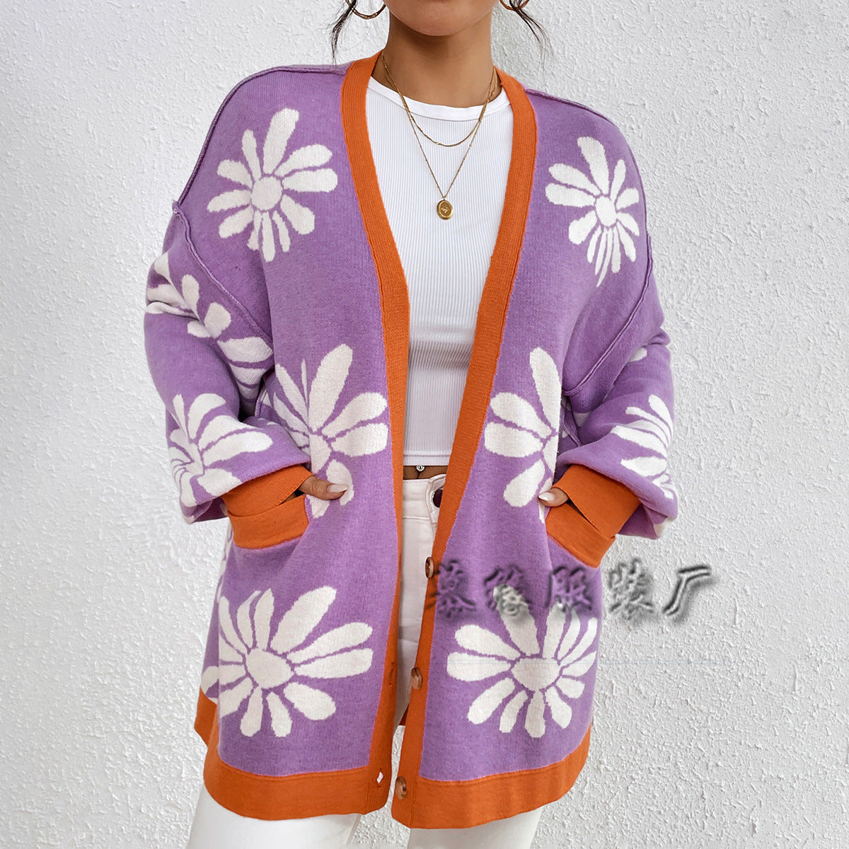 Casual Floral Print Knitted Cardigan Coats-Sweaters-Navy Blue-S-Free Shipping Leatheretro