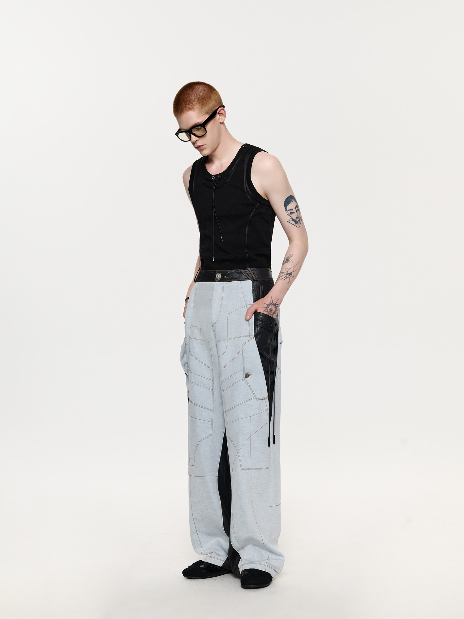 TIWILLTANG Contrast Stitch Paneled Wide-Leg Pants-Pants-S / 28-31”-Blue-Free Shipping Leatheretro