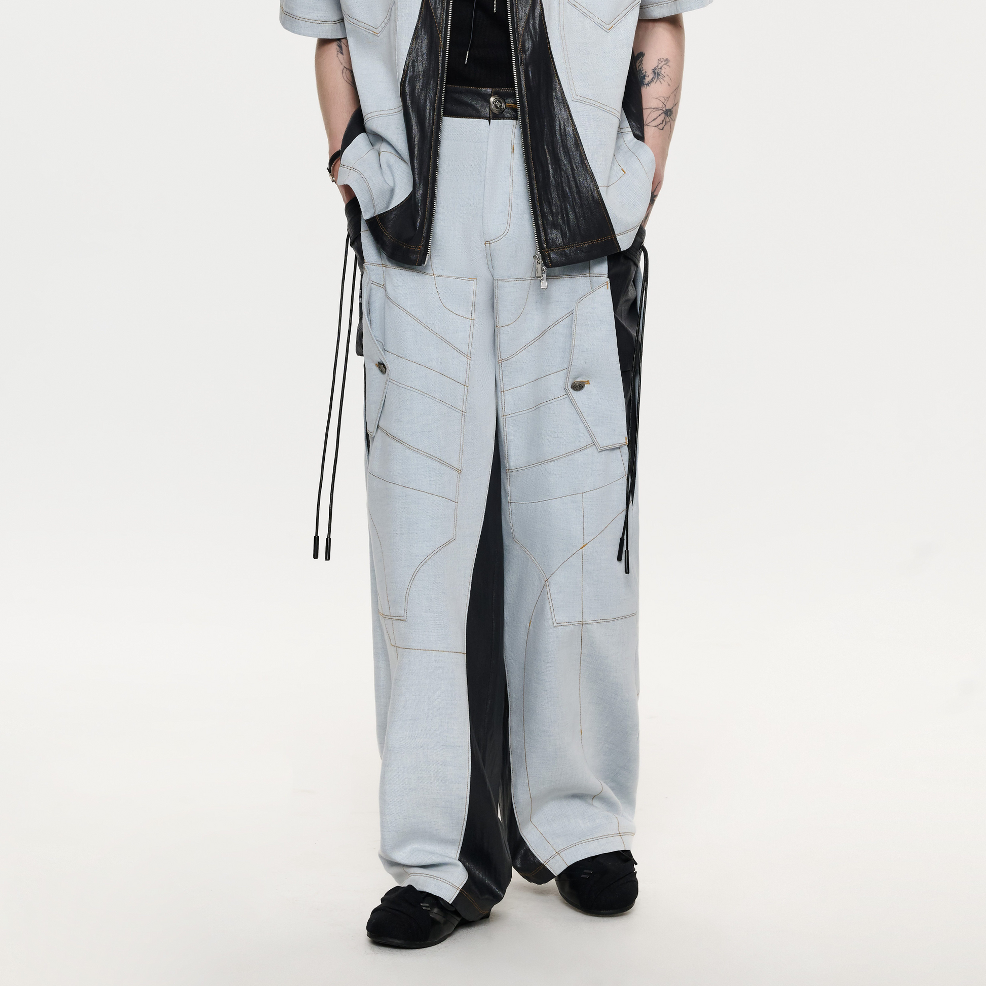 TIWILLTANG Contrast Stitch Paneled Wide-Leg Pants-Pants-S / 28-31”-Blue-Free Shipping Leatheretro
