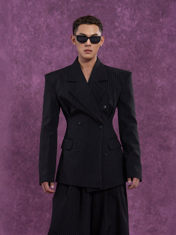 CLP Unisex Vintage Black Striped Blazer-Black-S-Free Shipping Leatheretro