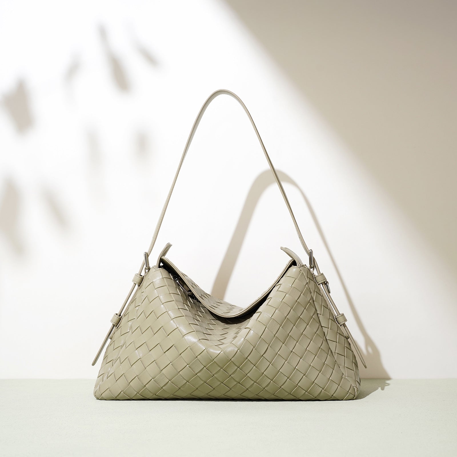 Leather Quilted Shoulder Bag, Elegant Woven Handbag, Stylish & Minimalist-Shoulder Bags-Matcha green-Free Shipping Leatheretro