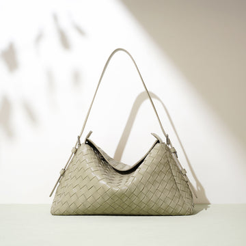 Leather Quilted Shoulder Bag, Elegant Woven Handbag, Stylish & Minimalist-Shoulder Bags-Matcha green-Free Shipping Leatheretro