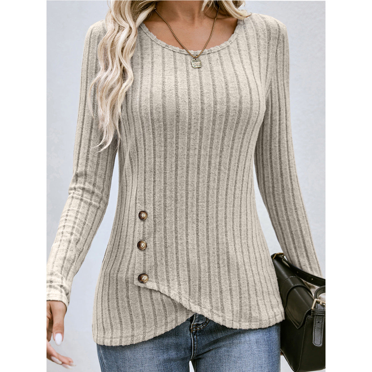 Fashion Round Neck Autumn Long Sleeves Shirts-Shirts & Tops-Apricot-S-Free Shipping Leatheretro