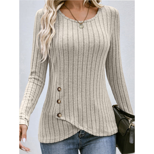 Fashion Round Neck Autumn Long Sleeves Shirts-Shirts & Tops-Apricot-S-Free Shipping Leatheretro