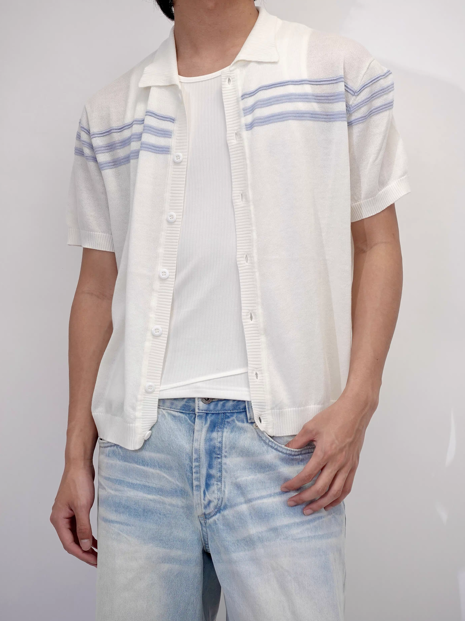 IN EXISTENCE Jacquard-Trim Wool-Blend Knit Half Shirt-Half shirt-S (1)-Blue (S M for Preorder)-Free Shipping Leatheretro
