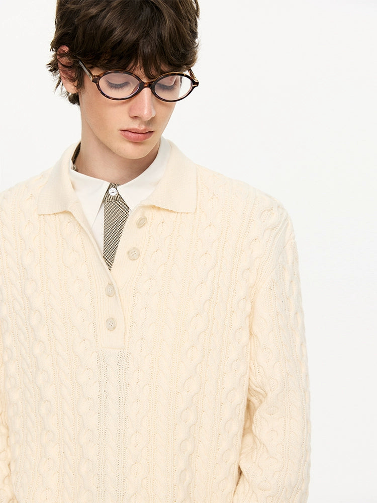 KREATE Textured Cable-Knit Polo Sweater-Ivory-S-Free Shipping Leatheretro