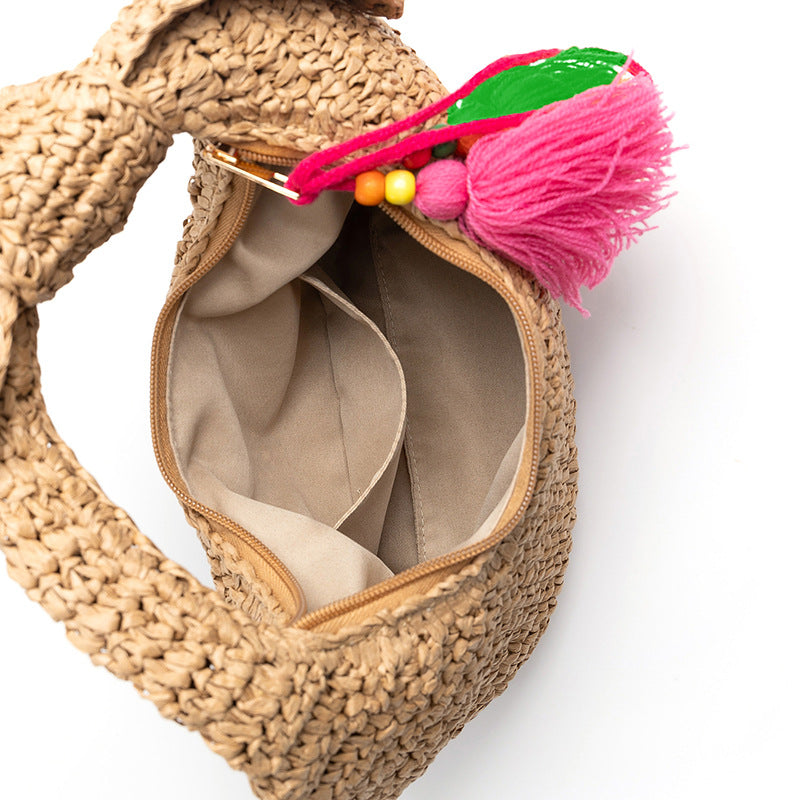 Summer Crescent Moon Handbag – Bow Detail Straw Woven Bag-Apricot - Green Tassel-25x5x15CM-Free Shipping Leatheretro