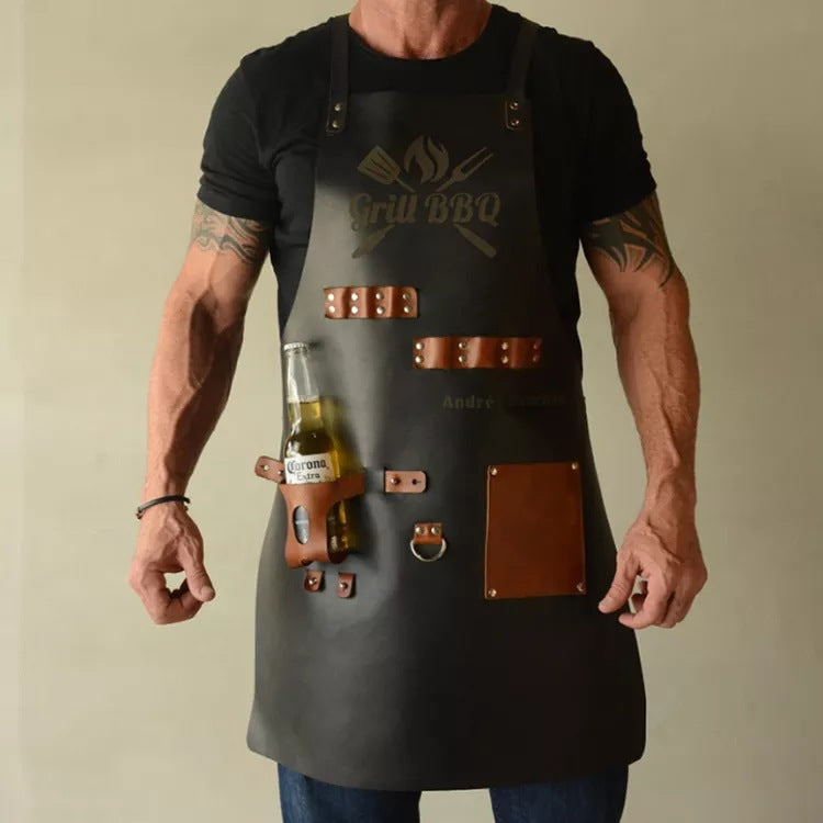 PU Leather BBQ Apron – Outdoor Cooking, Grilling & Picnic Apron with Bottle Holder – Oil-Resistant Work Apron-Leather Canvas Aprons-PU Brown-Free Shipping Leatheretro