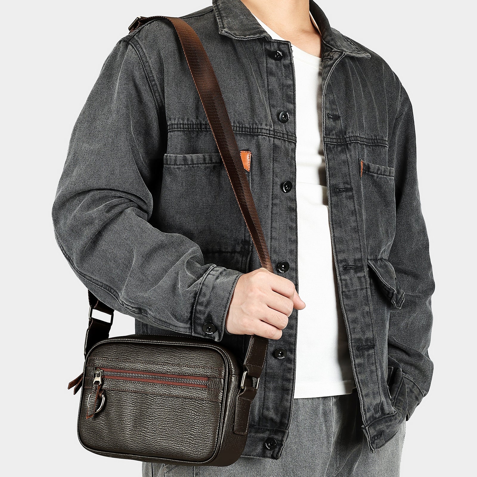 Genuine Leather Men's Crossbody Bag Luxury Cowhide Fashion Bag-Messenger Bag-Black-Free Shipping Leatheretro