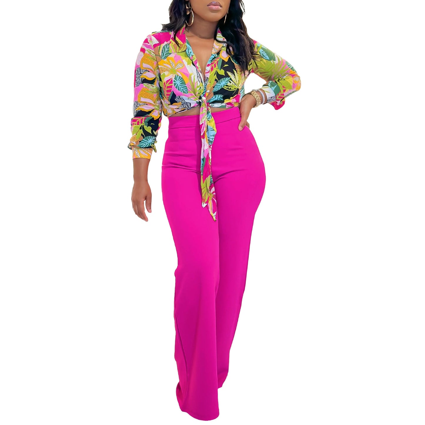 Fashion Long Sleeves Shirts & Wide Legs Pants-Suits-Rose Red-S-Free Shipping Leatheretro
