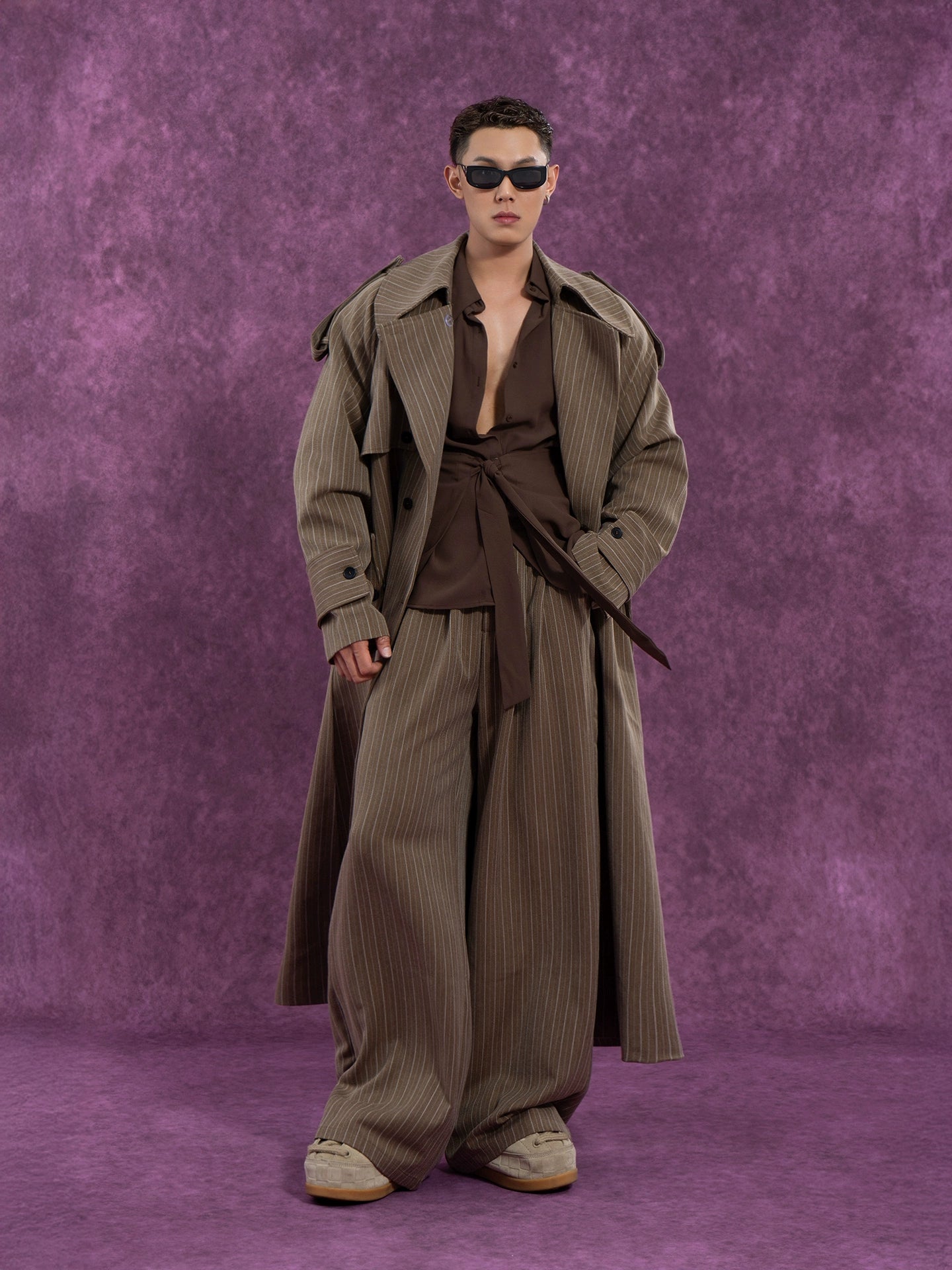 CLP Unisex Long Striped Duster Coat - Oversized Belted Trench-Coffee-S-Free Shipping Leatheretro