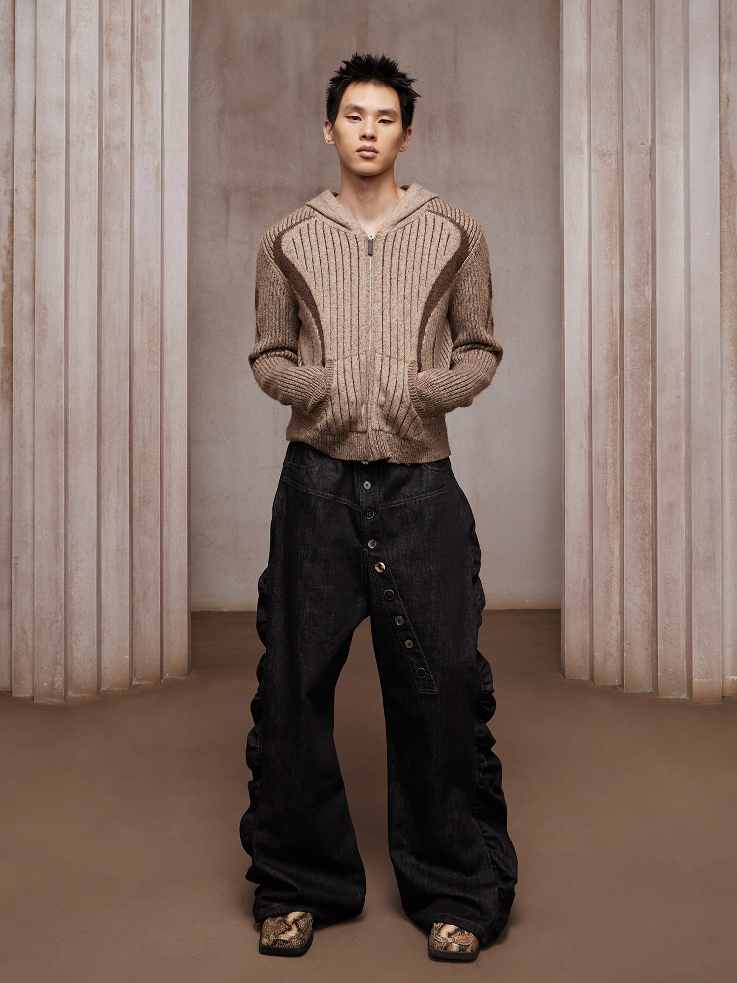 DND4DES Asym Button-Fly Ruched Baggy Jeans-Jeans-XS-Free Shipping Leatheretro