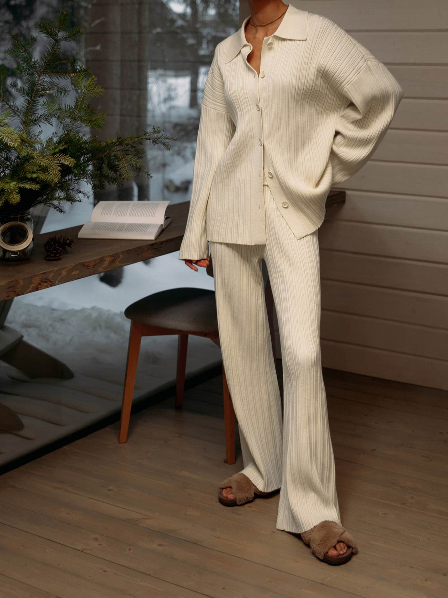 Fashion Autumn Sweaters and Wide Legs Pants Suits-suits-Coffee-S-Free Shipping Leatheretro