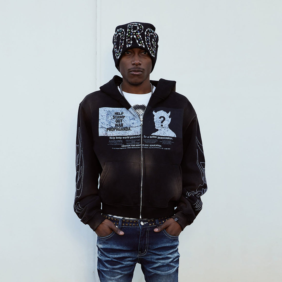 VINKID Demon Graphic Washed Zip-Up Hoodie-Jacket-S-Free Shipping Leatheretro