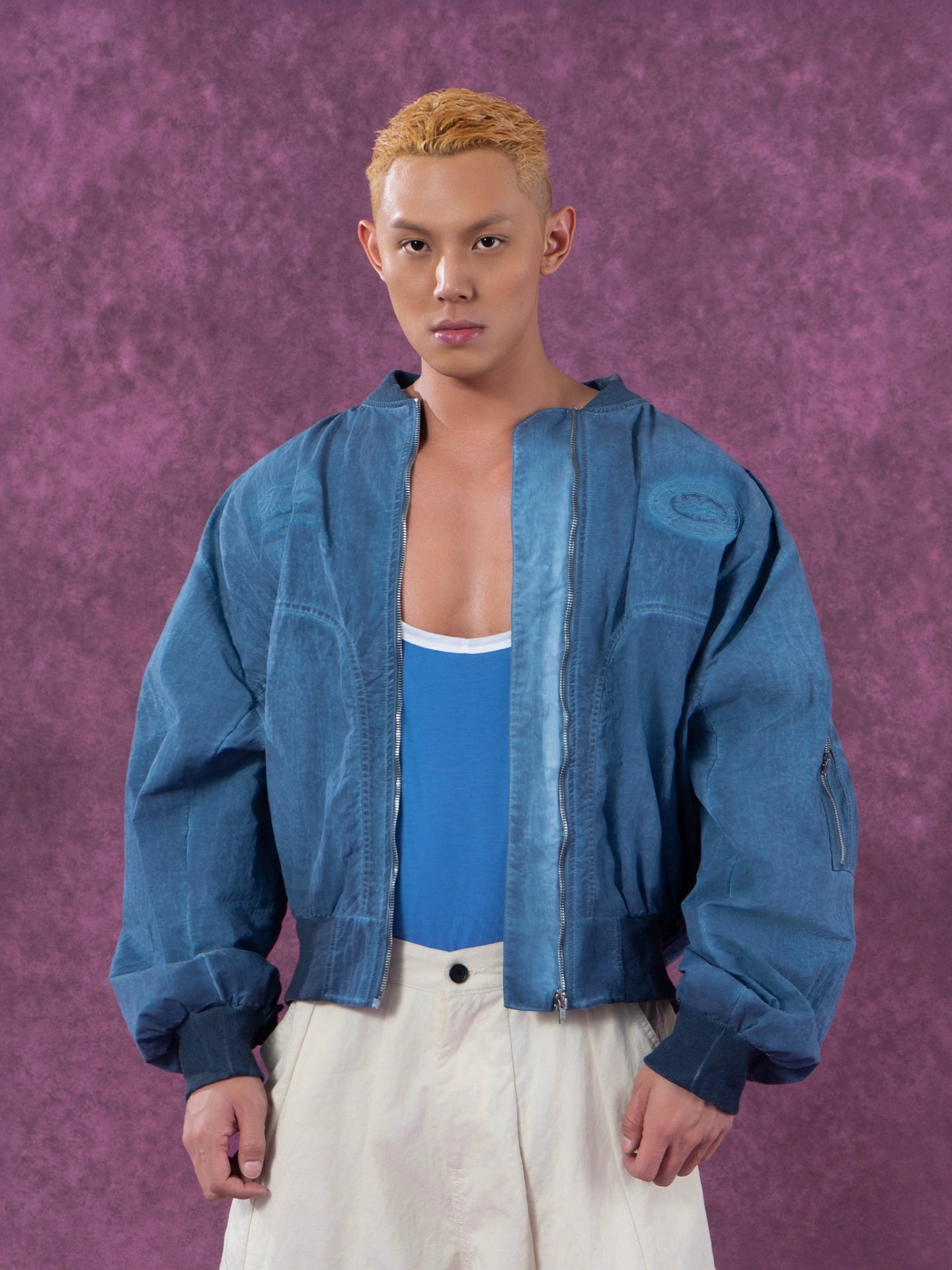 CLP Vintage Distressed Baseball Jacket for Men-Blue-M-Free Shipping Leatheretro