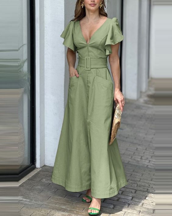 Fashion V Neck Ruffled Long Dresses-Dresses-Green-S-Free Shipping Leatheretro