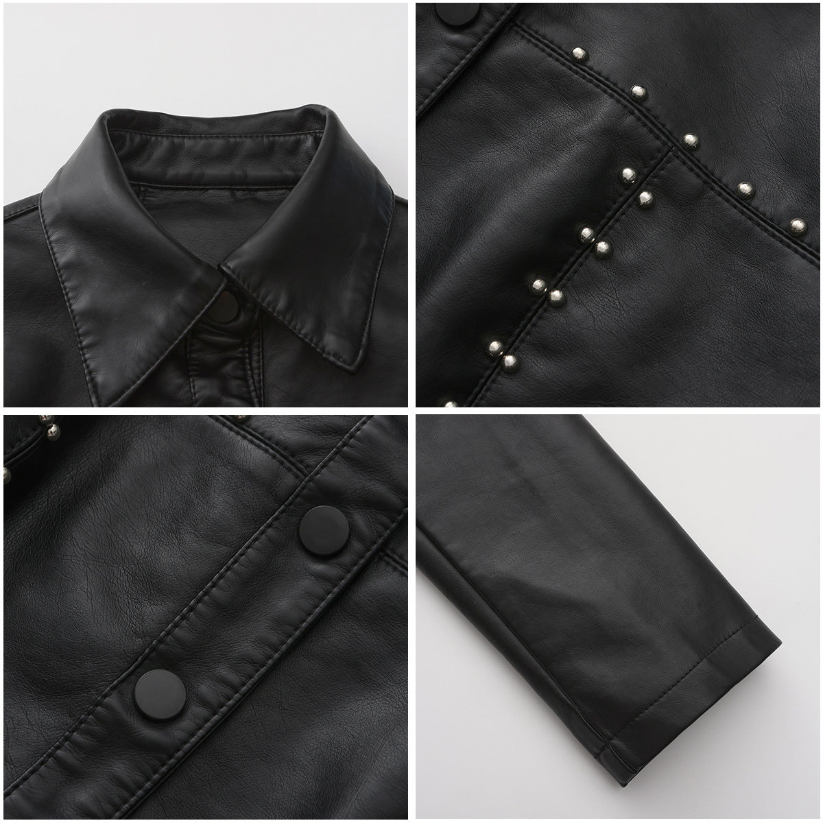 Stylish Rivet Button Leather Jacket-black-S-Free Shipping Leatheretro