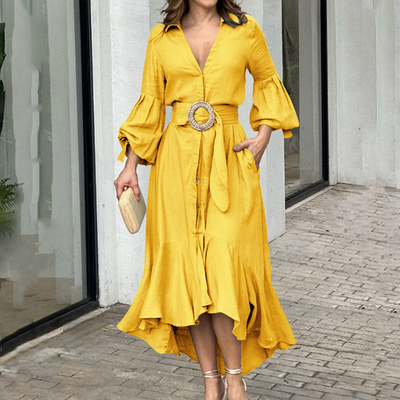 Fashion Long Sleeves Dresses with Pocket-Dresses-Yellow-S-Free Shipping Leatheretro