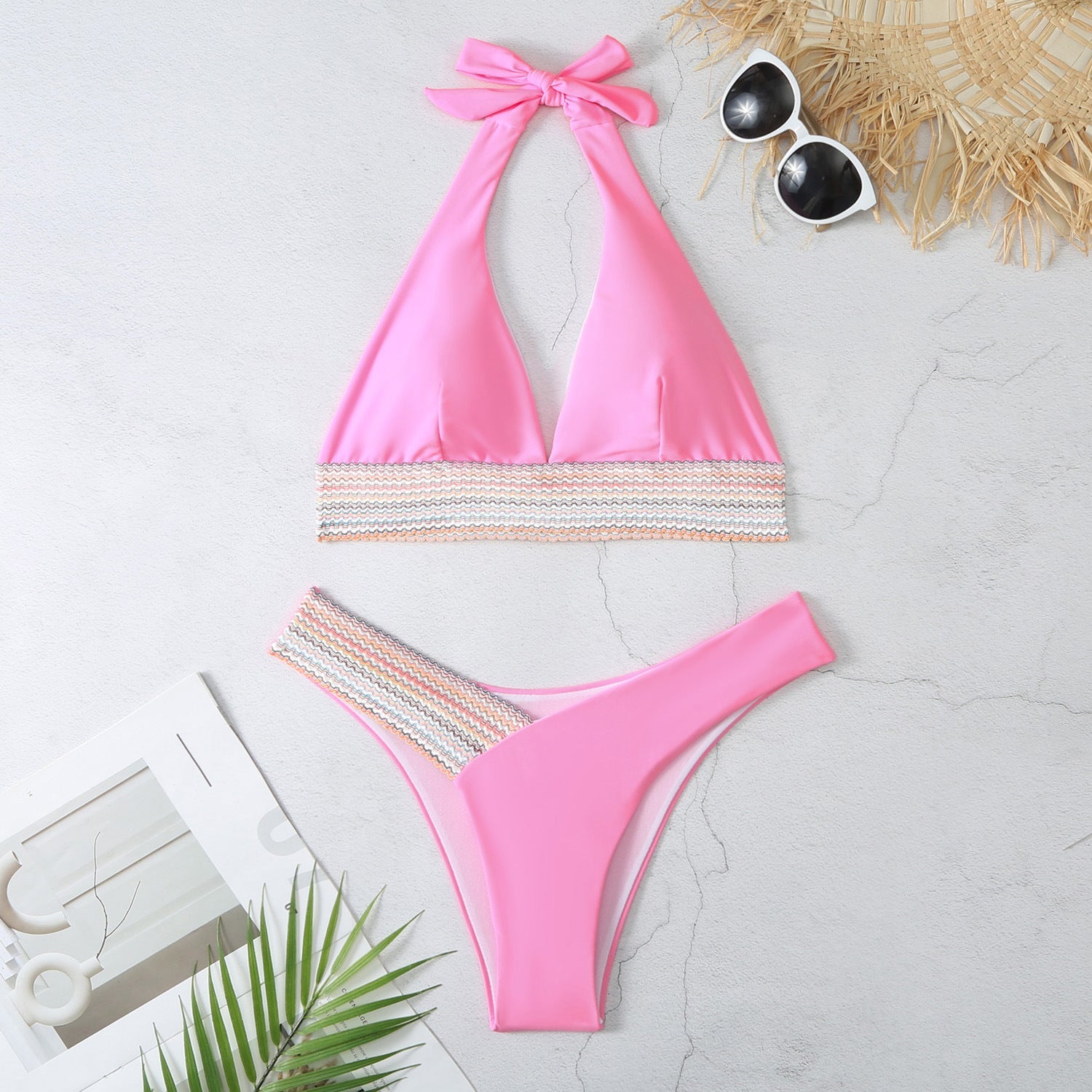 Sexy Halter Neckline Bikini Swimsuits-Swimwear-Pink-S-Free Shipping Leatheretro