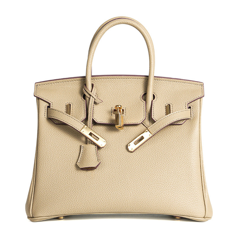 Luxury Genuine Top Grain Pebbled Leather Women's Handbag with Lock Closure-Handbags-elephant gray-35CM-Free Shipping Leatheretro