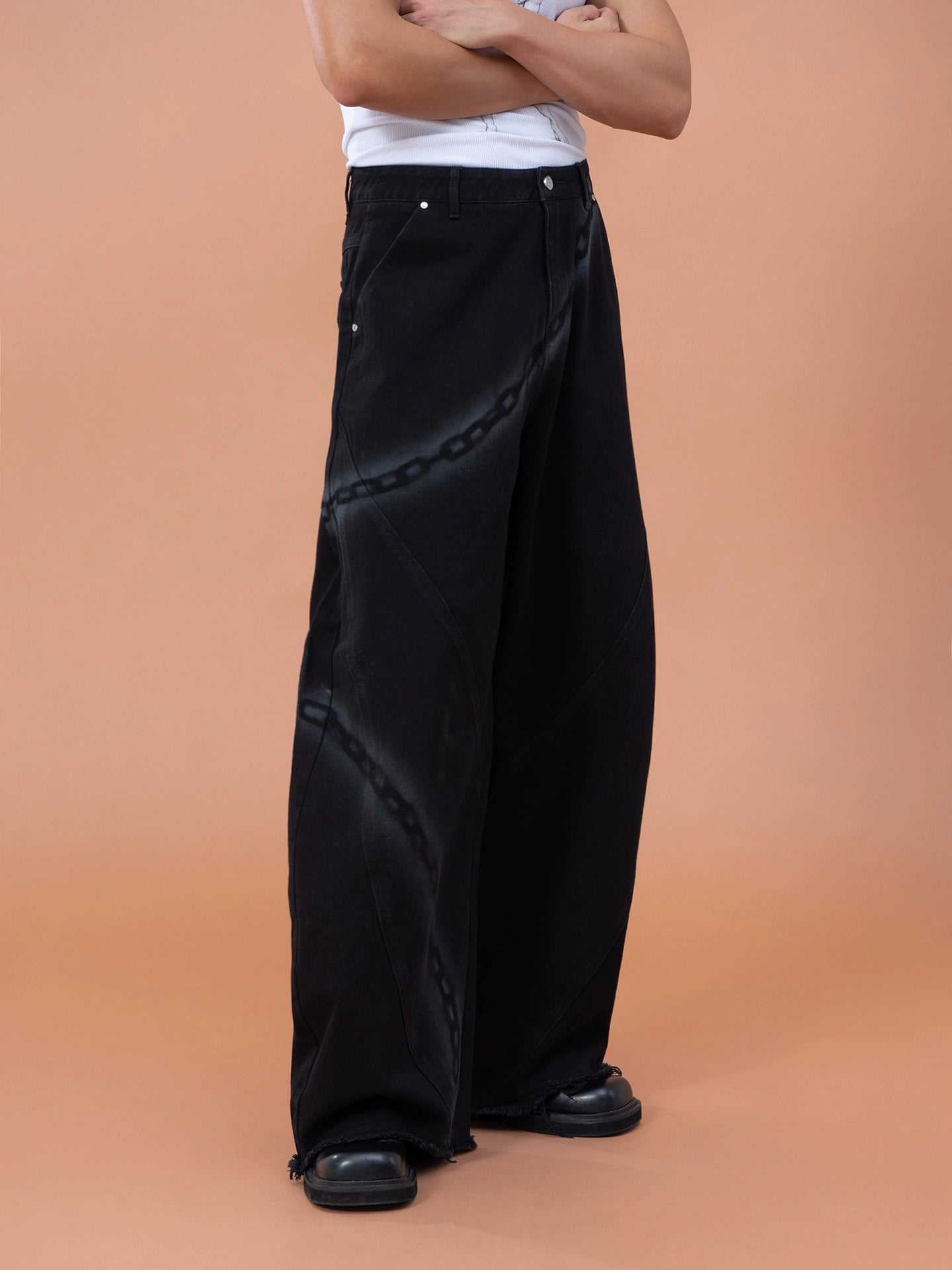 CLP Men's Black Chain Print Cargo Wide Leg Jeans-Black-S-Free Shipping Leatheretro