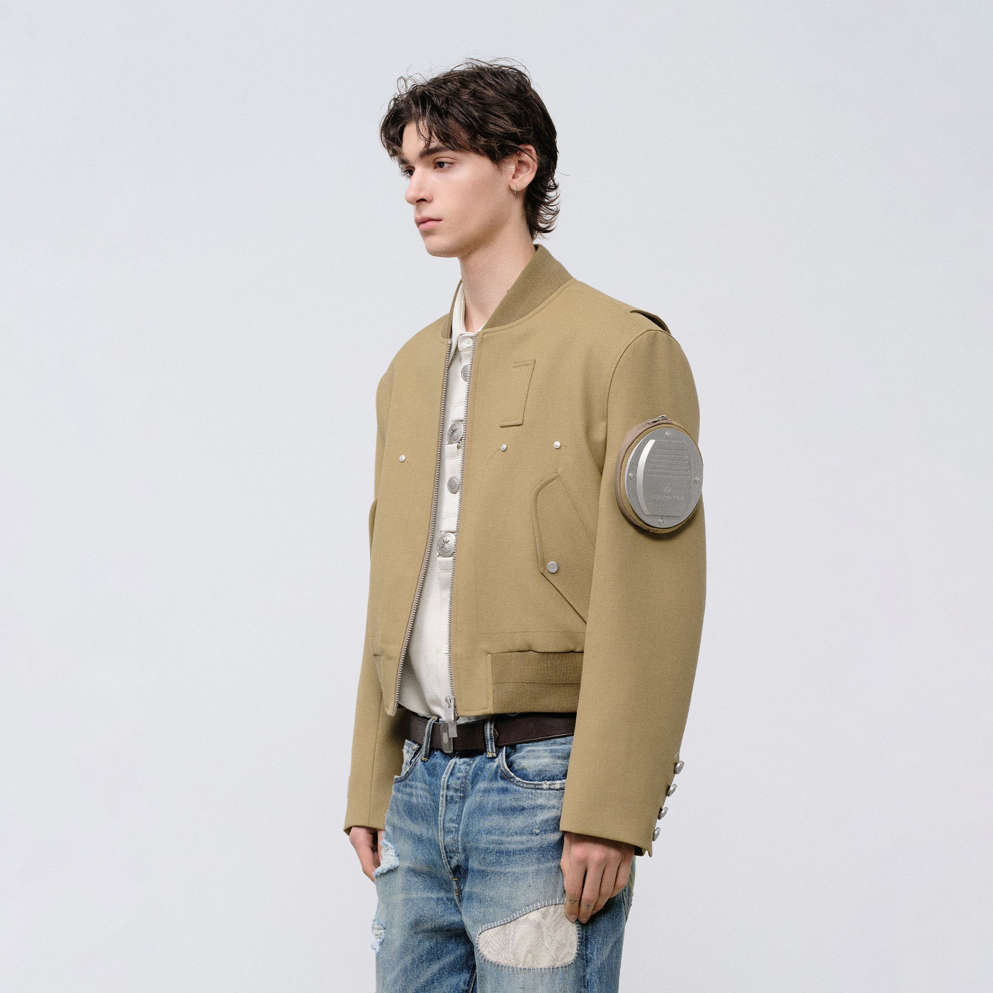 FACEONLAB Arm-Patched Bomber Jacket Khaki-Jacket-M (Preorder)-Free Shipping Leatheretro