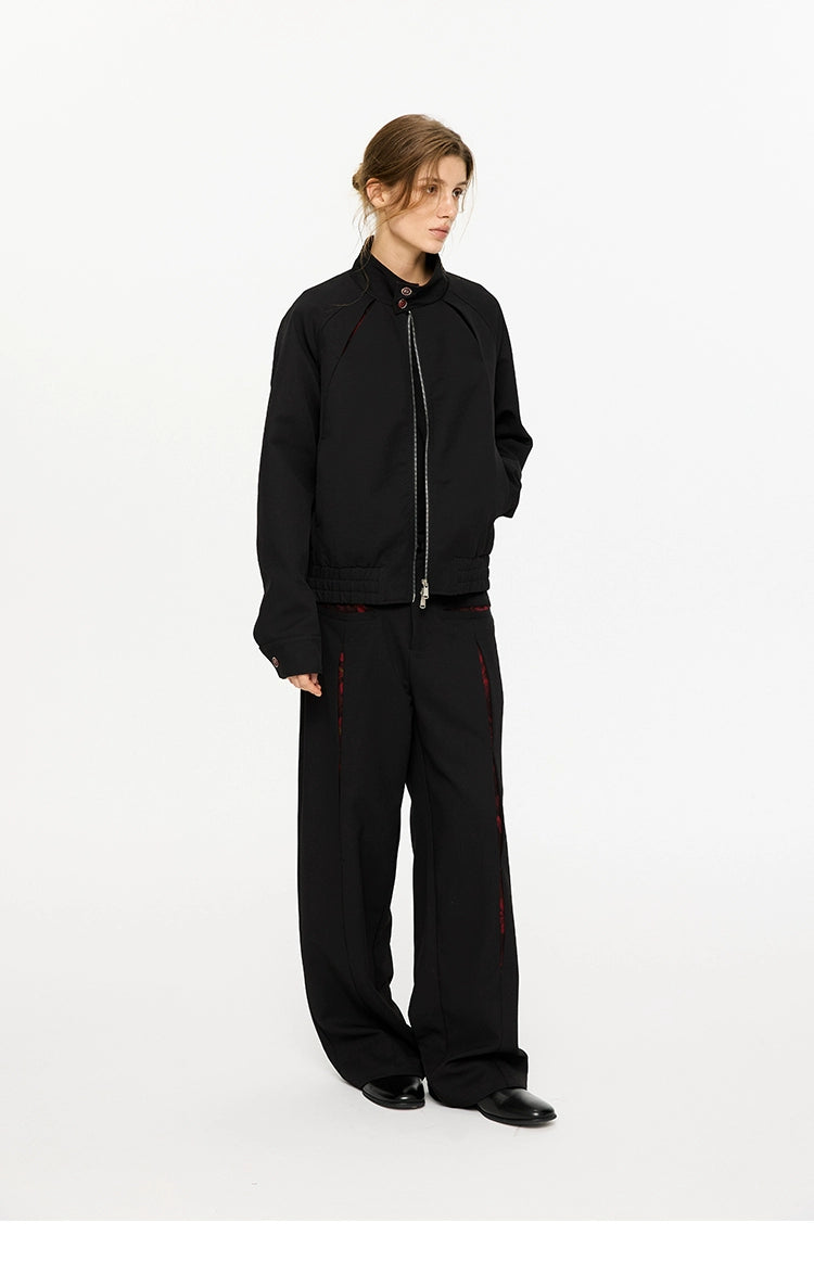 KREATE Harrington Collar Jacket with Segmented Oil Painting Lining-Top-Black-S-Free Shipping Leatheretro